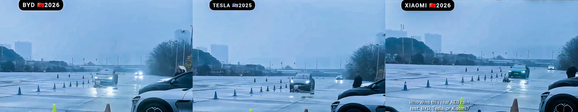 Wet road AEB test comparison: BYD LiDAR vs Tesla Vision-Only vs Xiaomi SU7 in rainy conditions
