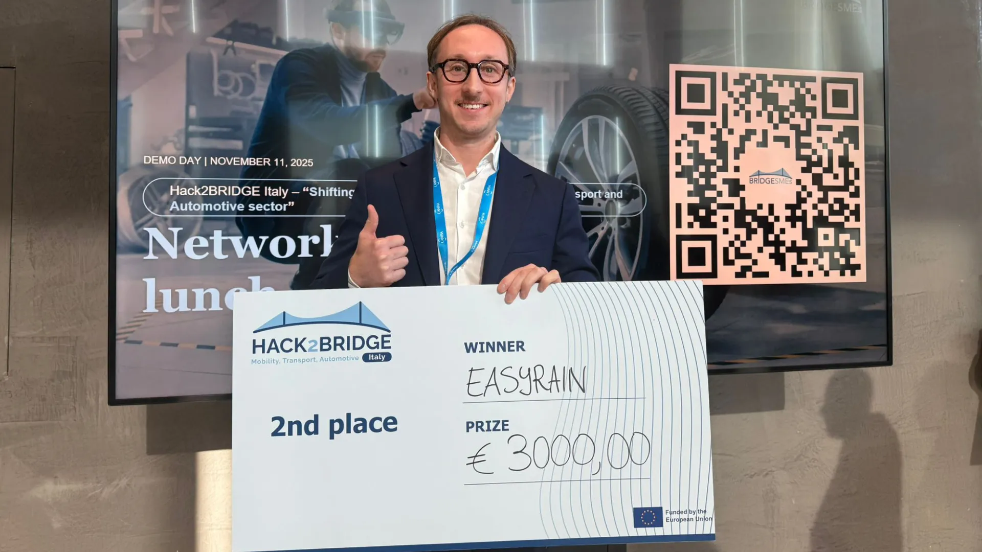 Easyrain team receiving second place award at Hack2BRIDGE Italy in Milan